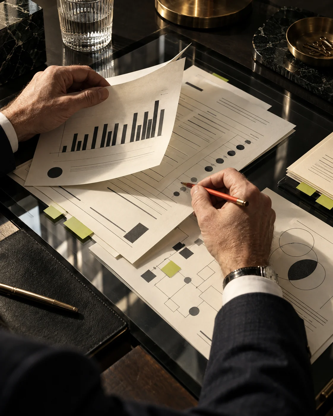 Illustrative analyst reviewing business records